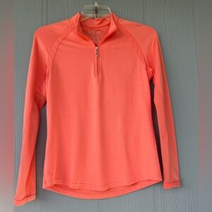 236.SanSoleil Women's athletic long-sleeve, textured 1/4 zip pullover in coral.